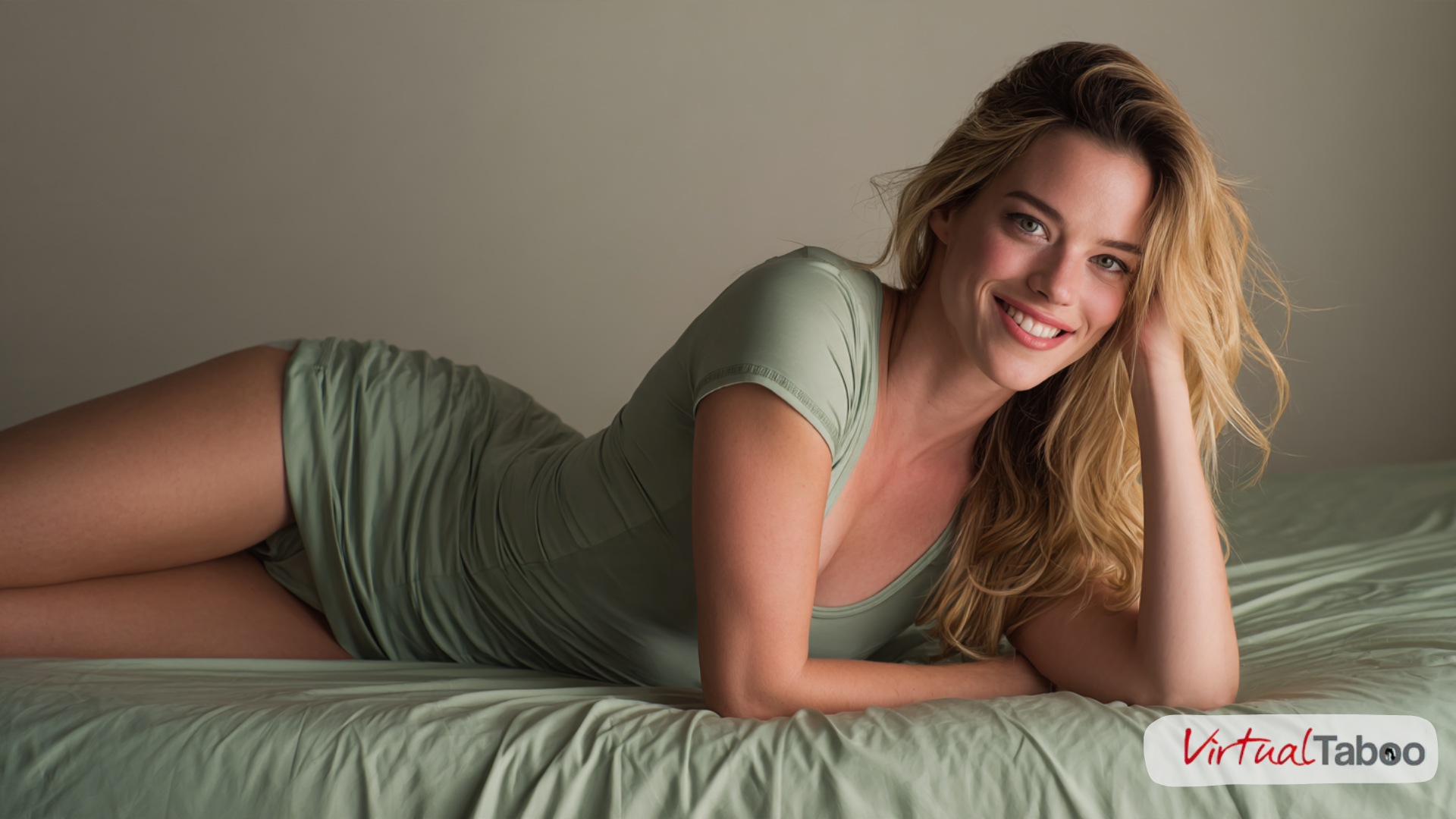 Femme blonde souriante, allongée sur le côté, une main dans les cheveux, vêtue d'une robe courte moulante vert sauge.
