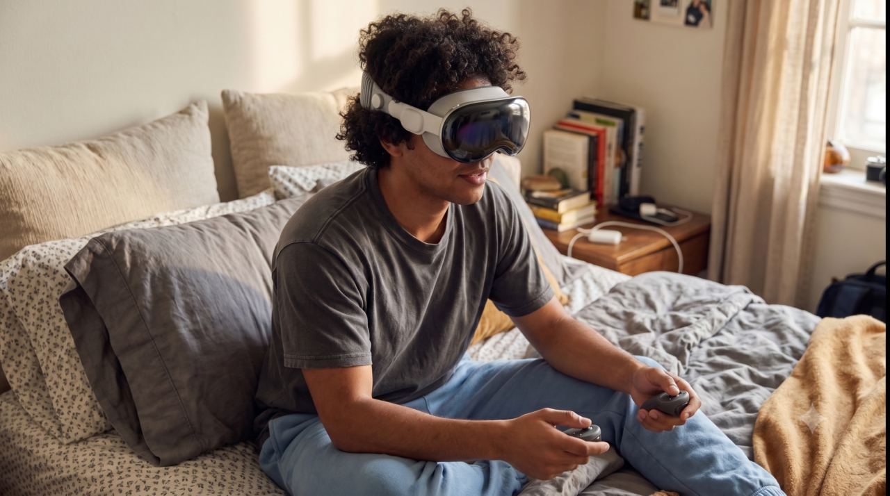 jeune homme adulte avec un casque Apple Vision Pro dans sa chambre