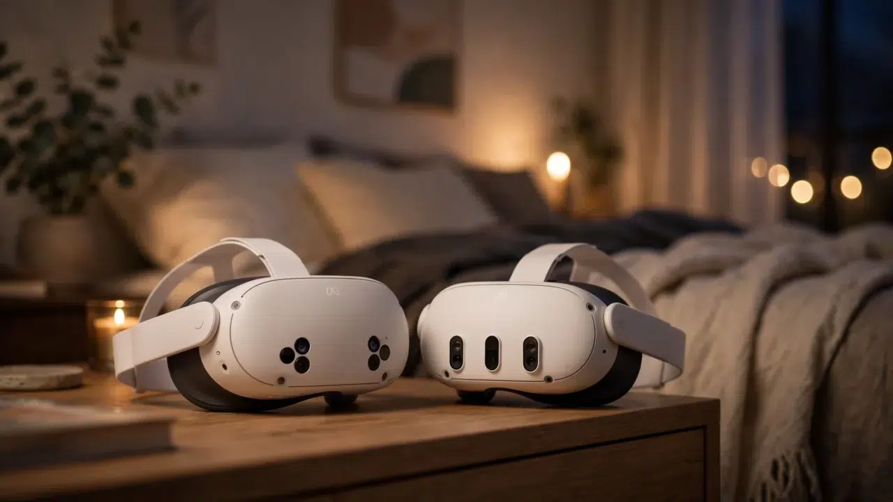 deux casque Meta Quest posés côtes à côtes sur une table basse dans une chambre à coucher
