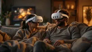 Un couple ur le canapé portant des casques Meta Quest 3; ambiance cosy