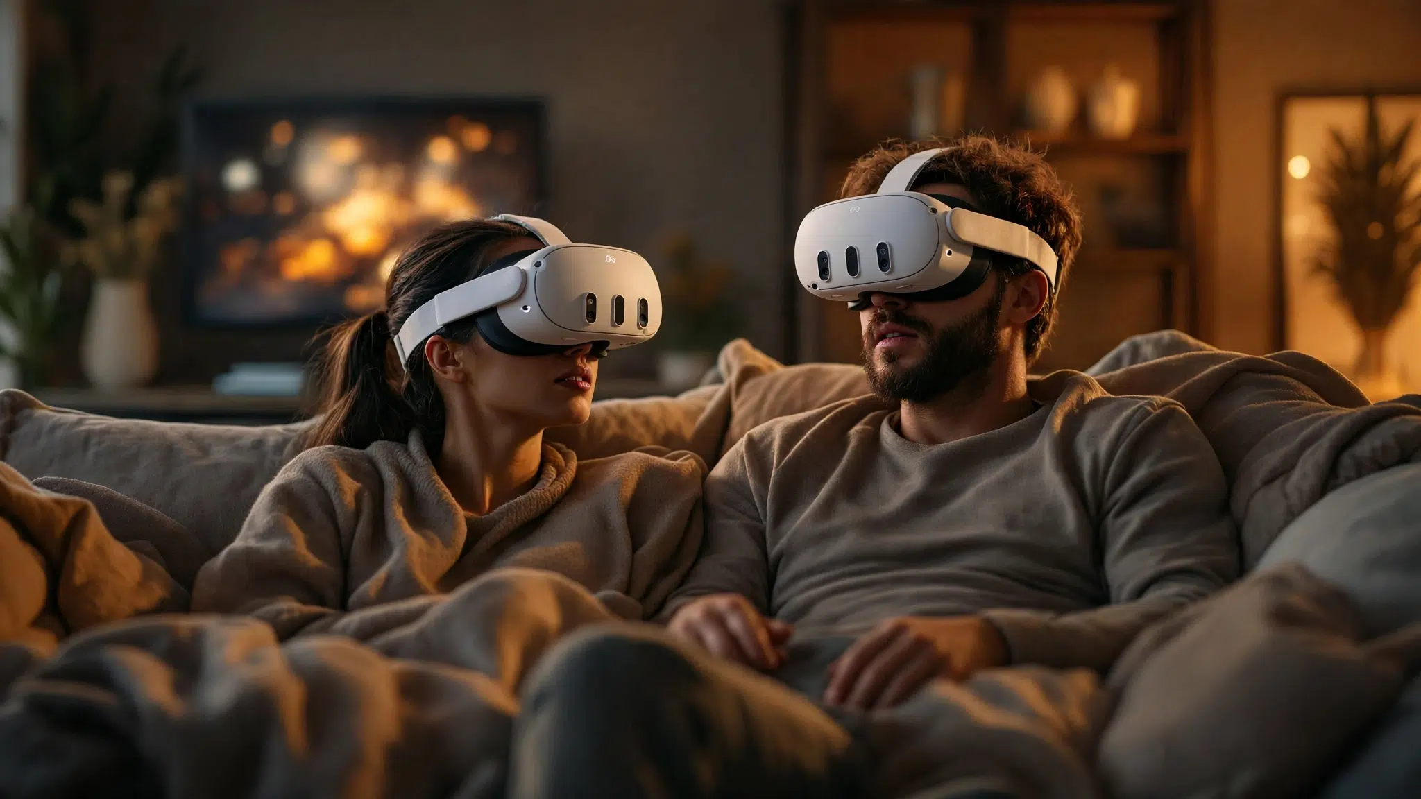 Un couple ur le canapé portant des casques Meta Quest 3; ambiance cosy
