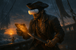 Un pirate avec un casque PSVR 2 tient une carte au trésor brillante sur un navire en pleine tempête, incarnant l’immersion VR et les sensations haptiques.