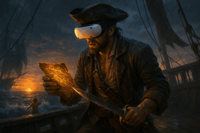 Un pirate avec un casque PSVR 2 tient une carte au trésor brillante sur un navire en pleine tempête, incarnant l’immersion VR et les sensations haptiques.