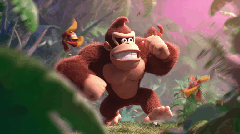 Nouvelle version de Donkey Kong en pleine action dans une jungle tropicale, adoptant un style moderne et musclé lors d’un combat intense.