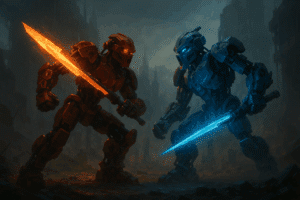 Scène inspirée d’un jeu vidéo RPG Bionicle annulé par LEGO, représentant un affrontement dramatique entre guerriers mécaniques dans un univers futuriste fan-made.