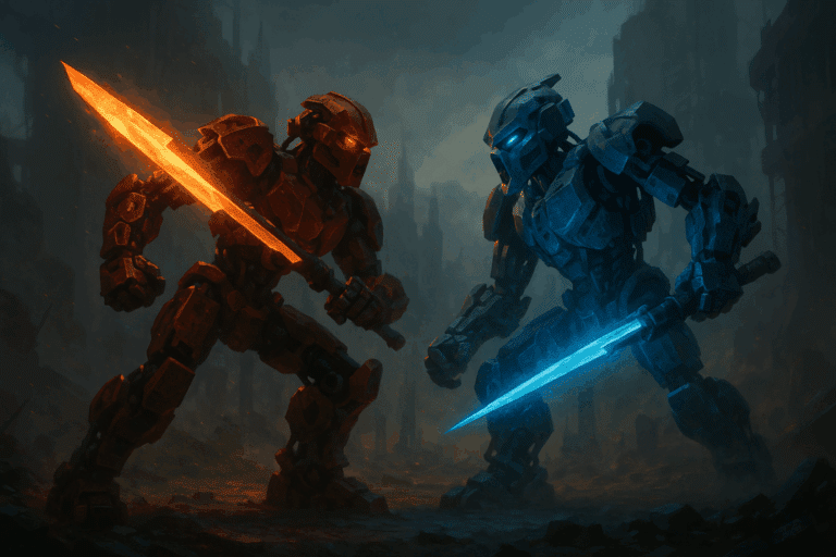 Scène inspirée d’un jeu vidéo RPG Bionicle annulé par LEGO, représentant un affrontement dramatique entre guerriers mécaniques dans un univers futuriste fan-made.