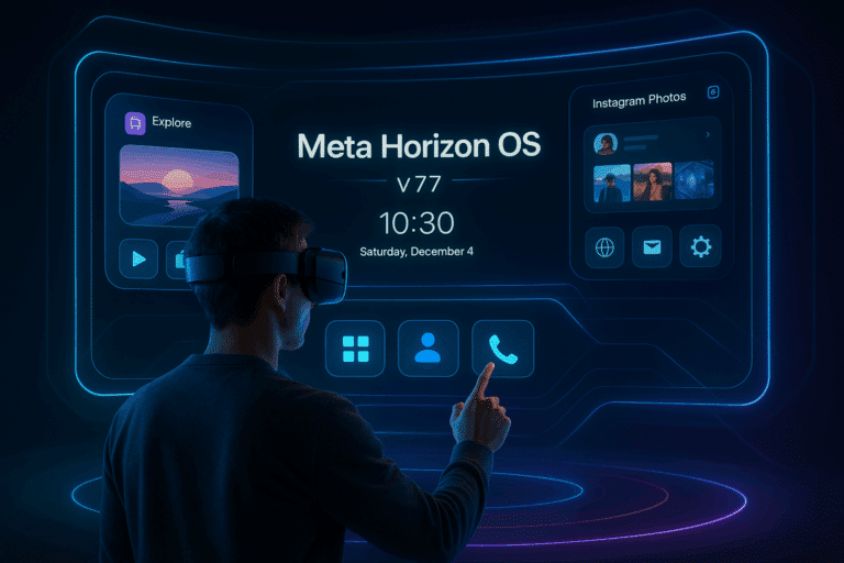 Refonte complète de l'interface utilisateur Meta Horizon OS v77, montrant un utilisateur en casque VR interagissant avec un écran holographique immersif.