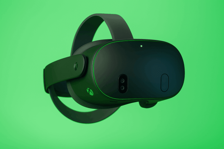 Casque Meta Quest 3 Xbox Edition flottant sur fond vert, avec un design noir et vert et un logo Xbox visible