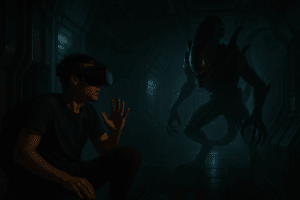 Scène immersive en réalité virtuelle inspirée d’Alien Isolation, avec un joueur VR terrifié dans un couloir sombre, face à une créature extraterrestre