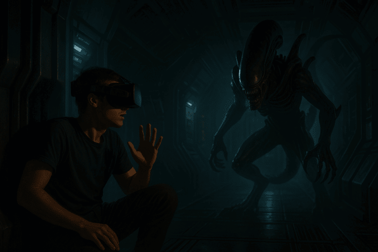 Scène immersive en réalité virtuelle inspirée d’Alien Isolation, avec un joueur VR terrifié dans un couloir sombre, face à une créature extraterrestre