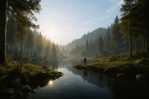 Paysage virtuel ultra-réaliste généré avec un moteur de jeu de type CryEngine, mettant en avant des forêts, reflets d’eau et effets de lumière cinématographiques illustrant la puissance graphique et l’immersion.