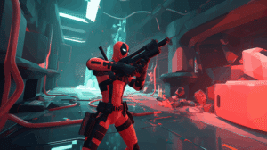 Scène humoristique de Deadpool VR, montrant un joueur dépassé par un Deadpool incontrôlable en réalité virtuelle, entre humour et chaos total.
