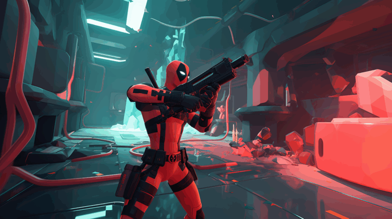 Scène humoristique de Deadpool VR, montrant un joueur dépassé par un Deadpool incontrôlable en réalité virtuelle, entre humour et chaos total.