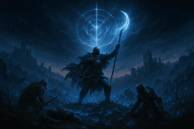 Guerrier solitaire sur un champ de bataille magique inspiré d’Elden Ring: Nightreign, illustrant un multijoueur chaotique avec ses alliés au sol