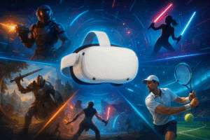 Composition dynamique illustrant le Meta Quest 2 entouré de scènes issues des jeux VR les plus populaires du moment, mêlant action, musique, fantasy et sport, avec des effets lumineux et une ambiance futuriste.
