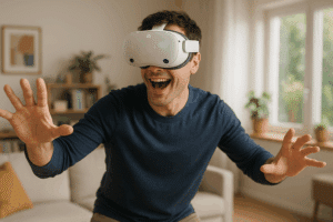 Un joueur portant un casque Quest 3, en pleine immersion dans son salon moderne, souriant et bougeant activement dans une session VR.