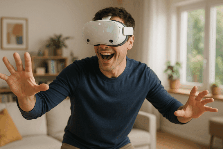 Un joueur portant un casque Quest 3, en pleine immersion dans son salon moderne, souriant et bougeant activement dans une session VR.