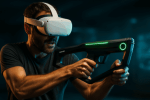 Utilisateur avec un casque Meta Quest tenant le fusil haptique Mavrik VR, offrant une expérience immersive et réaliste.
