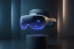 Casque XR ultraléger de nouvelle génération flottant dans un showroom futuriste, design épuré et technologique inspiré du projet Meta pour 2026.