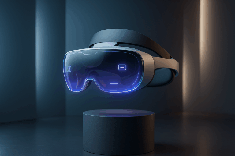 Casque XR ultraléger de nouvelle génération flottant dans un showroom futuriste, design épuré et technologique inspiré du projet Meta pour 2026.