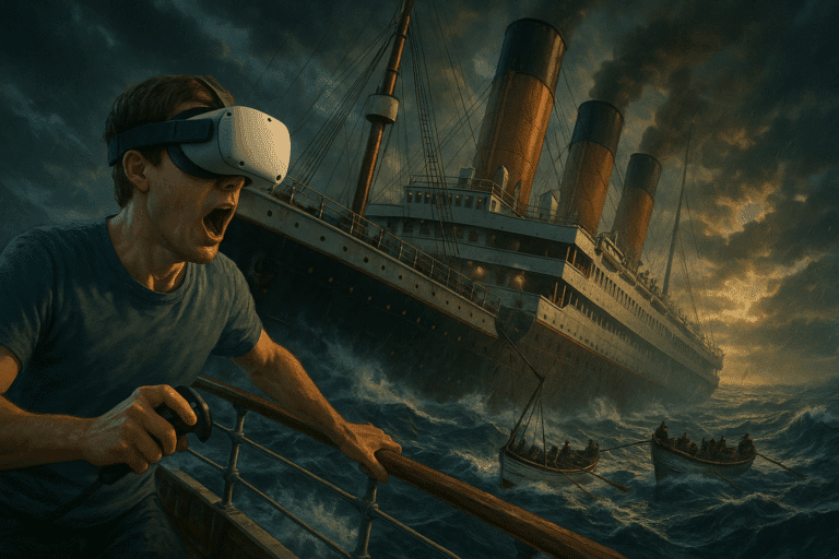 Scène immersive représentant le naufrage du Titanic en réalité virtuelle sur Meta Quest 3, avec une atmosphère dramatique et réaliste.