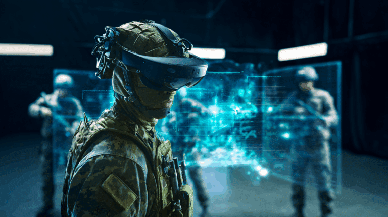 Soldat équipé d’un casque VR Meta et d’un uniforme tactique en pleine simulation immersive, avec des interfaces holographiques pour l’entraînement des forces de l’ordre