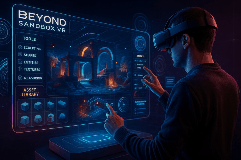 Utilisateur en réalité virtuelle personnalisant un monde virtuel ouvert avec des outils holographiques et des interfaces futuristes, représentant le modding dans un univers sandbox.