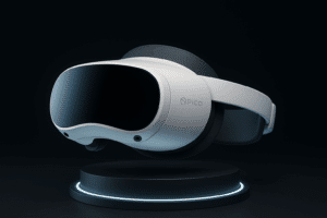 Présentation visuelle du casque VR Pico 4S, concurrent direct au Quest 3, au design puissant et dynamique avec des touches lumineuses.