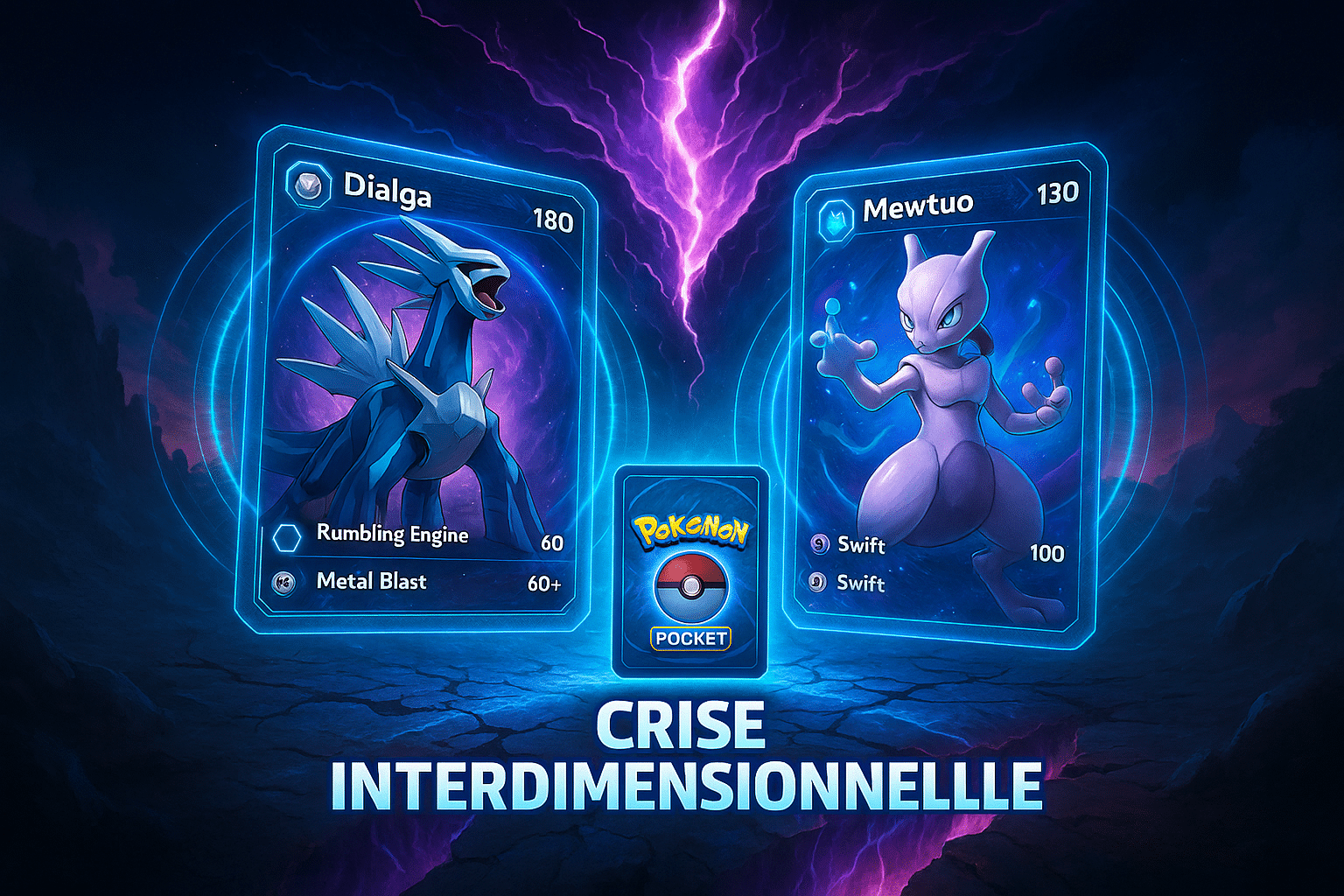 Nouvelle extension Crise Interdimensionnelle de Pokémon TCG Pocket, avec des Pokémon légendaires surgissant d’une faille spatio-temporelle en fond galactique.