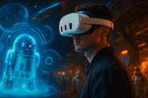 Jeune homme utilisant le casque Meta Quest 3, immergé dans l’univers de Star Wars: Beyond Victory avec des projections holographiques de R2-D2.