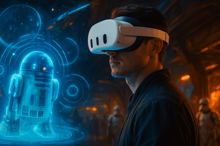 Jeune homme utilisant le casque Meta Quest 3, immergé dans l’univers de Star Wars: Beyond Victory avec des projections holographiques de R2-D2.