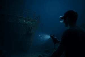 Scène immersive de Titanic VR représentant l’épave du Titanic explorée dans une visite guidée, avec des effets sous-marins réalistes, une lumière bleutée et une ambiance émotive.
