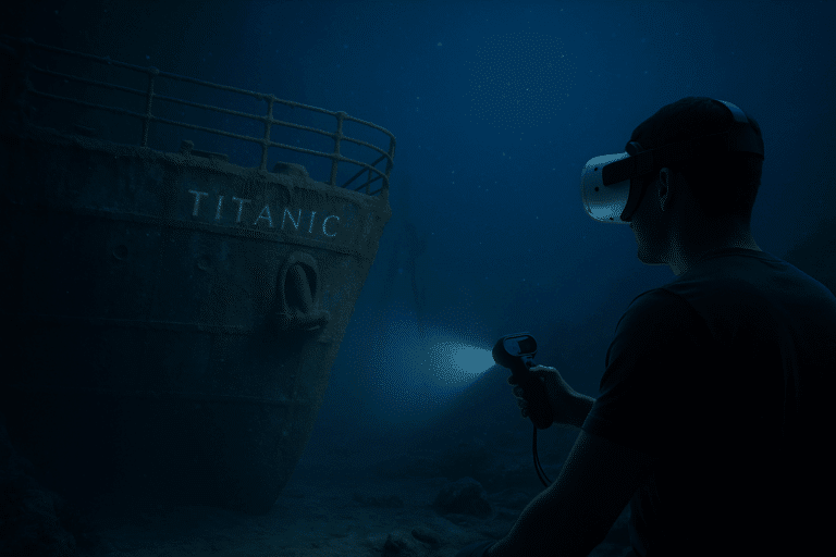Scène immersive de Titanic VR représentant l’épave du Titanic explorée dans une visite guidée, avec des effets sous-marins réalistes, une lumière bleutée et une ambiance émotive.