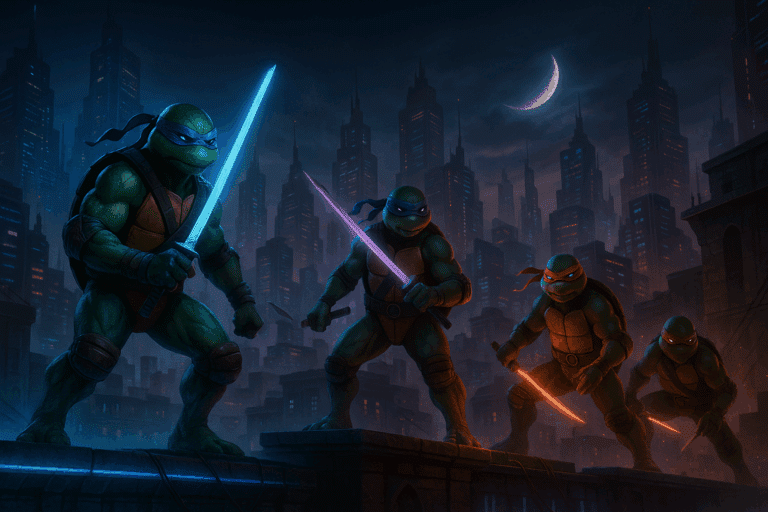 Les Tortues Ninja en action sur les toits d’Empire City de nuit, dans une ambiance futuriste immersive sans interface.