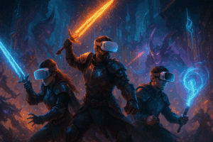 Scène immersive d'un jeu VR MMORPG futuriste avec des joueurs en plein combat dans un monde virtuel de style fantasy-cyberpunk.