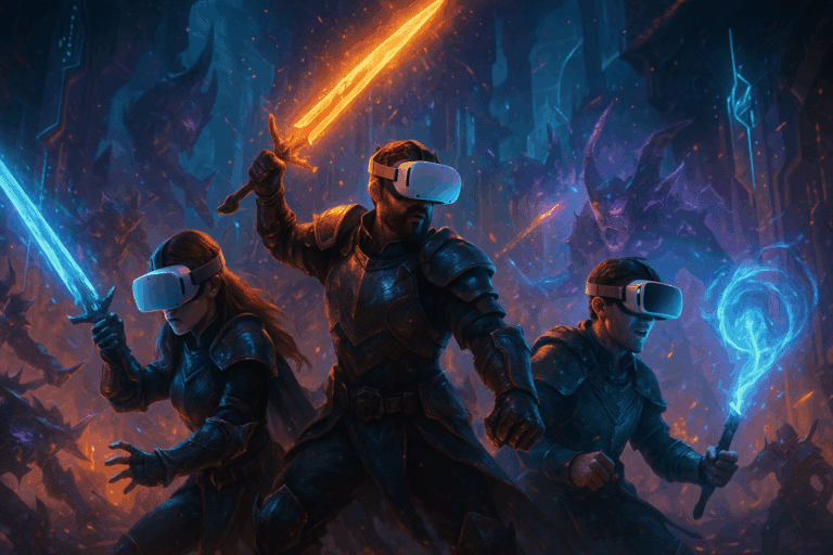 Scène immersive d'un jeu VR MMORPG futuriste avec des joueurs en plein combat dans un monde virtuel de style fantasy-cyberpunk.