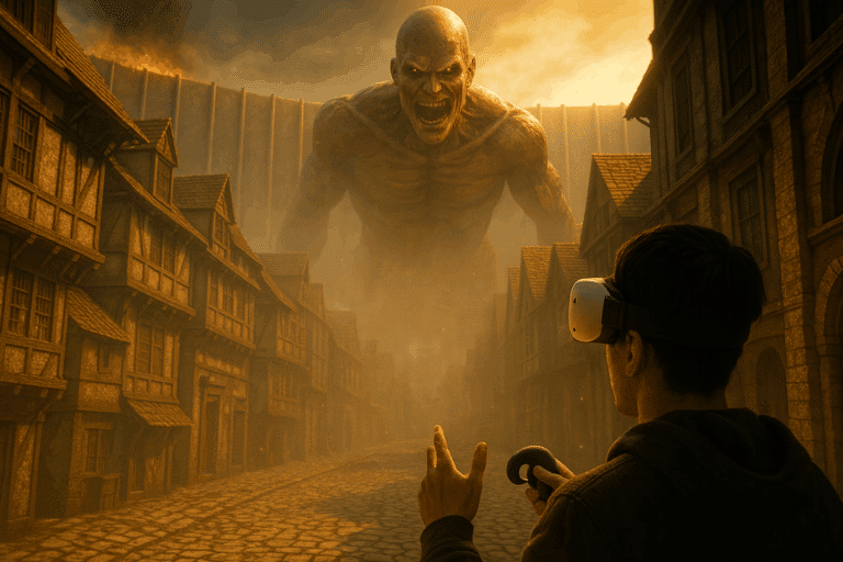 Soldat équipé de l’équipement de manœuvre tridimensionnelle fonçant vers un Titan colossal dans une ville médiévale en ruine, vue immersive inspirée de la réalité virtuelle.