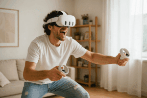 Homme portant un casque Meta Quest 3 interagissant avec un environnement virtuel immersif.