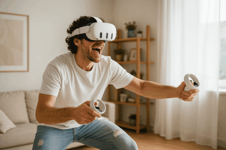Homme portant un casque Meta Quest 3 interagissant avec un environnement virtuel immersif.