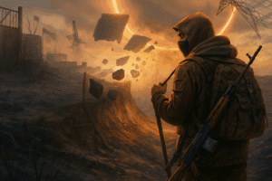 Un survivant masqué observe une anomalie flottante dans un paysage post-apocalyptique aux teintes orangées, ambiance inspirée de Into the Radius.