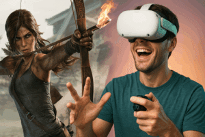 Un joueur en réalité virtuelle vit une expérience intense aux côtés de Lara Croft, arc en main, en pleine action dans un décor de ruines antiques. Muni d’un casque Meta Quest 3, il interagit avec l’univers de Tomb Raider en réalité mixte, capturant toute l’intensité et l’émotion d’une aventure immersive, entre action, tension et exploration.