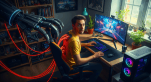 un homme assis sur devant son PC gamer avec écran, attaché par des fils rouge lumineux contrôlés par une main robotique géante