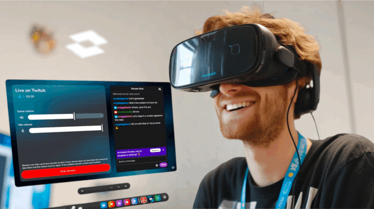 Un joueur en casque VR, capture stream à côté