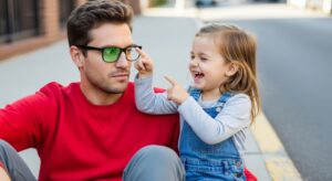 une fille se moquant d'un homme en lunettes monoculaires