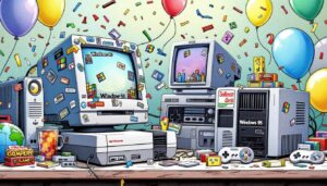 la bbc célèbre l'anniversaire de windows 95 avec humour, utilisant un mac et faisant référence à l'incident des cartouches nes dans la snes. découvrez la touche décalée de cette commémoration insolite !