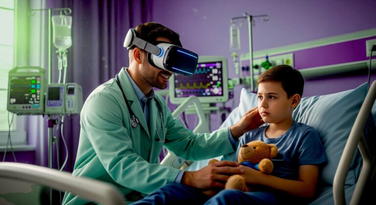 Un médecin en casque VR consultant un enfant