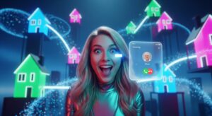 une femme recevant une notification dans un univers virtuel