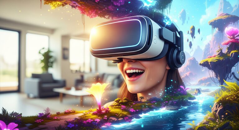 Une femme en casque VR entre deux mondes, le physique et le virtuel