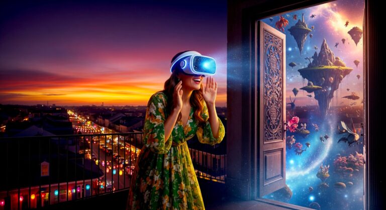une femme, casque VR la tête, voyant une porte vers un autre univers