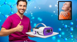 Un homme tenant un casque VR sur un plateau